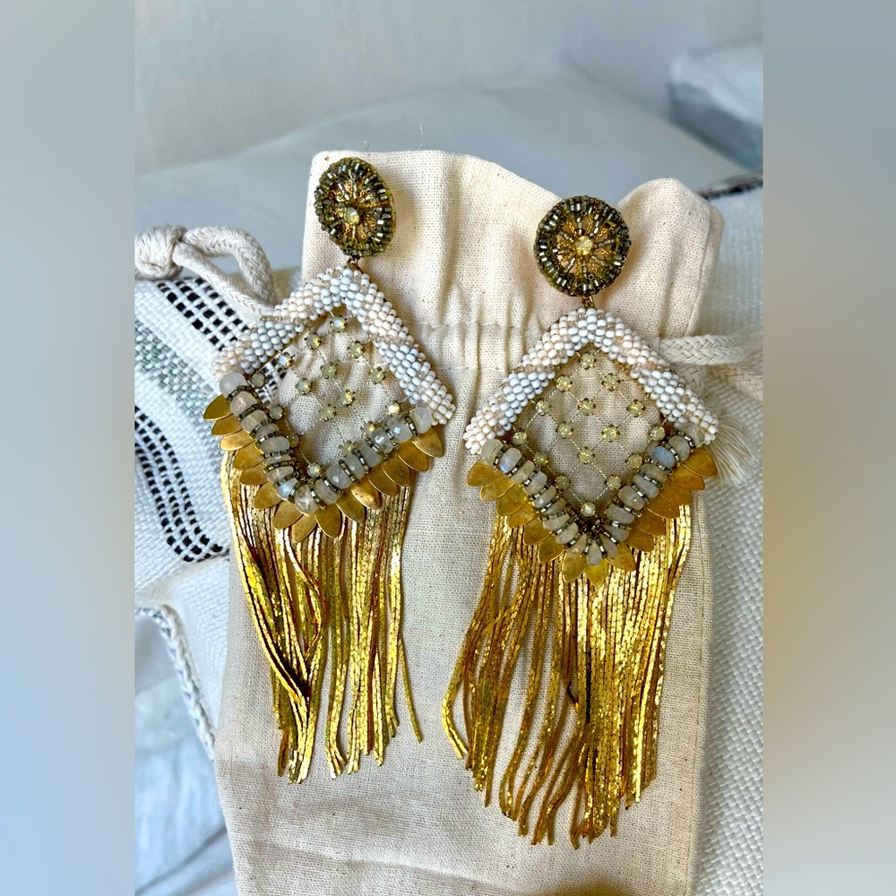 Deepa Gurnani Gold and White Fringe Earrings